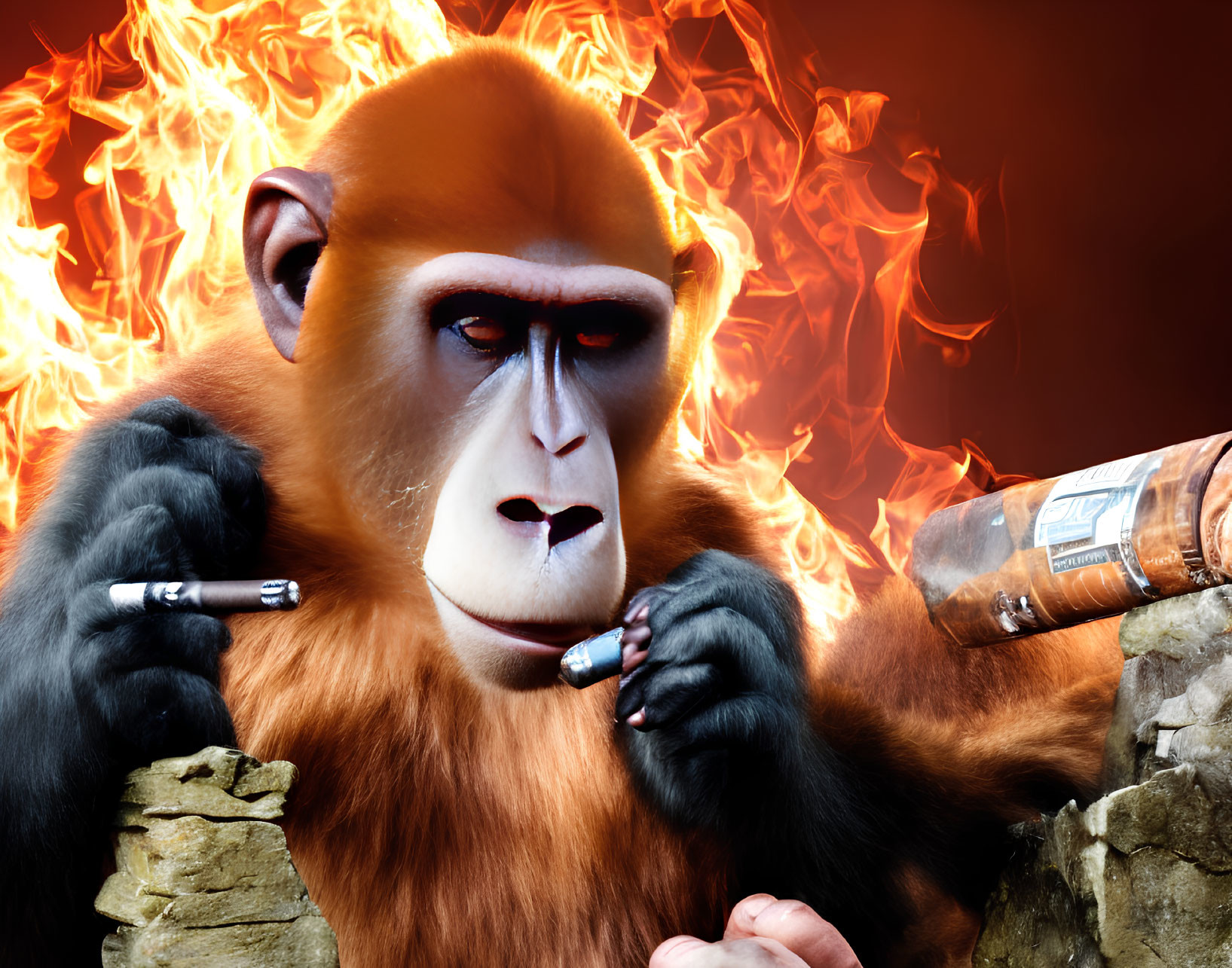 Animated orangutan with cigar and blowtorch in fiery scene