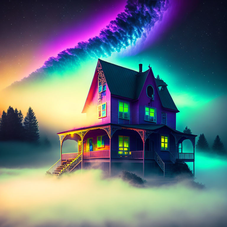 Colorful illustration: Purple house above clouds with glowing windows under starry sky & northern lights