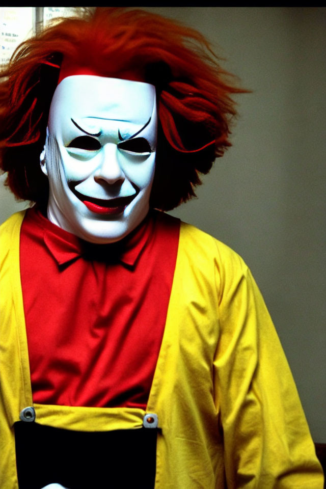 Clown in white face makeup, red hair, yellow shirt, and red top indoors