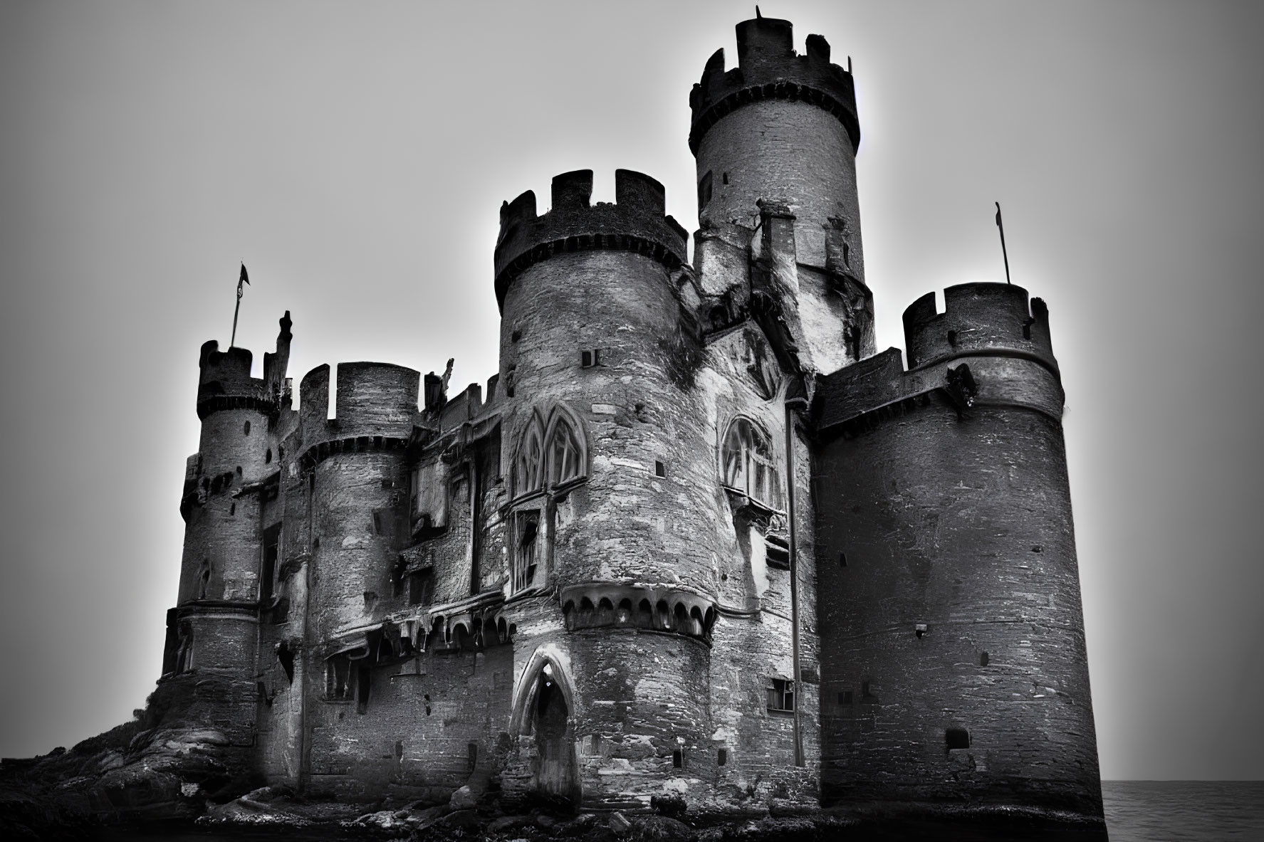 Medieval castle with towers, battlements, and flag in monochrome.