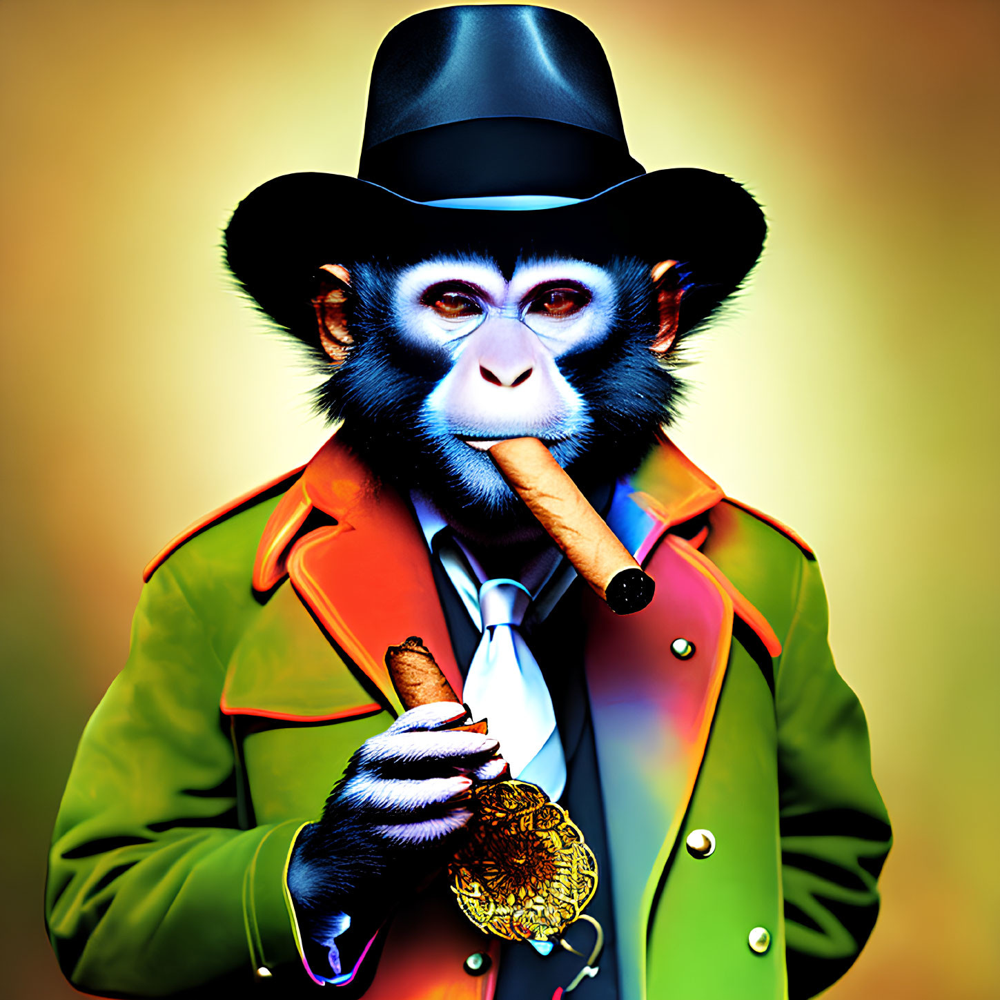 Colorful Suit Baboon with Cigar and Top Hat in Human-like Pose