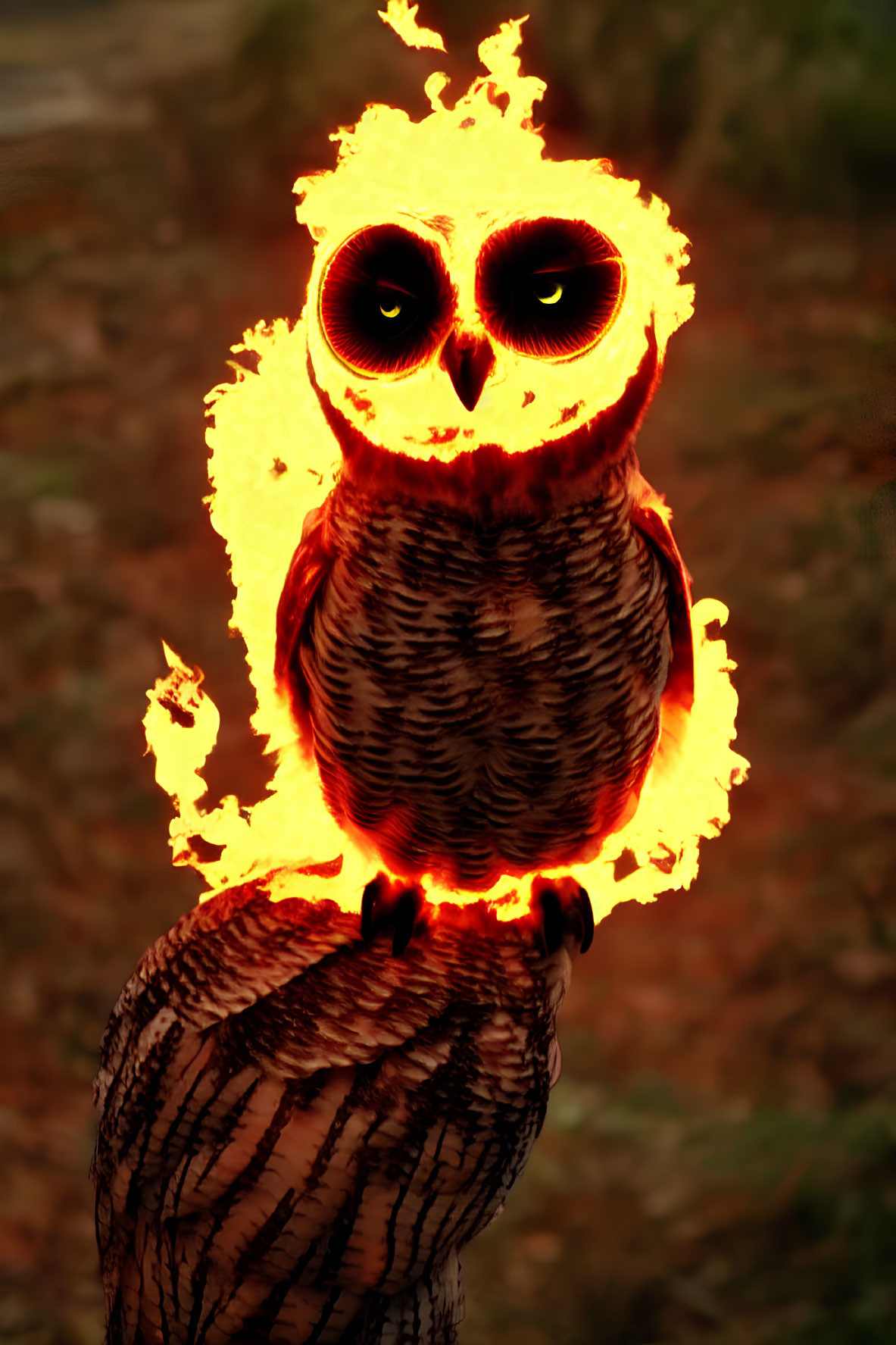 Glowing orange outline of owl in mystical flames against dark background