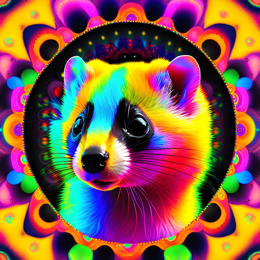 Colorful Psychedelic Ferret Face in Neon Circles