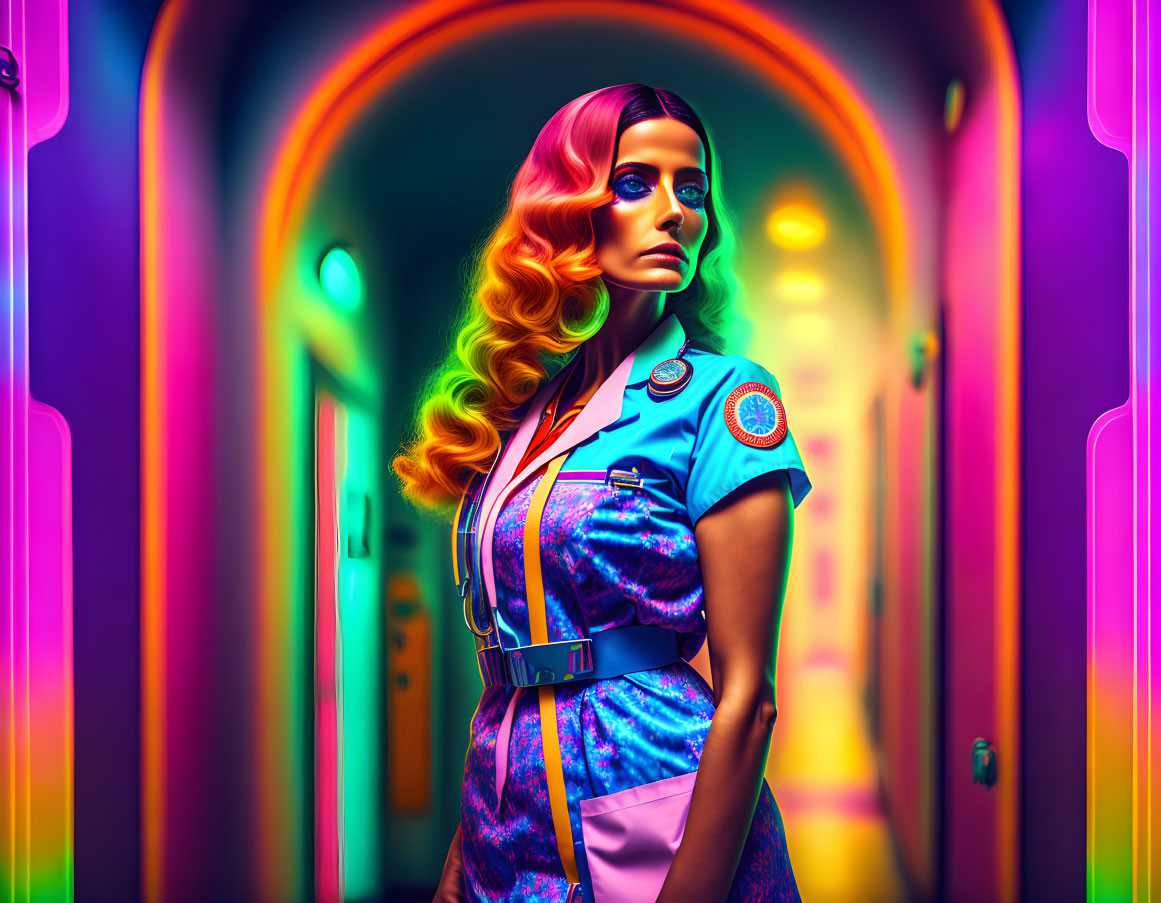 Colorful portrait of a woman in futuristic blue uniform in neon-lit corridor