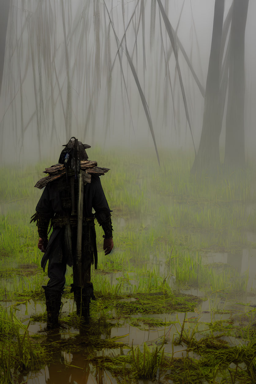 Dark medieval armor figure in shallow marsh under foggy forest