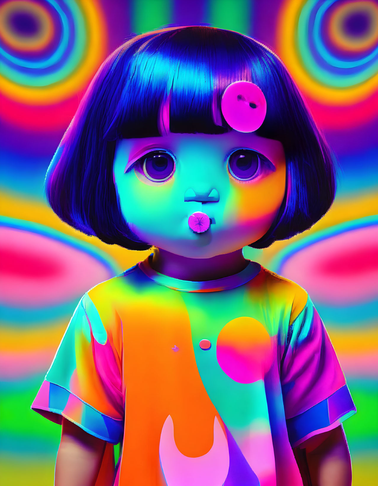 Colorful Digital Artwork of Stylized Girl with Blue Bob Haircut