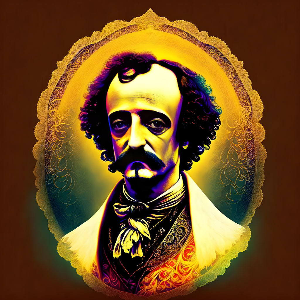 Vibrant portrait of a man with mustache and cravat in golden halo on gradient backdrop