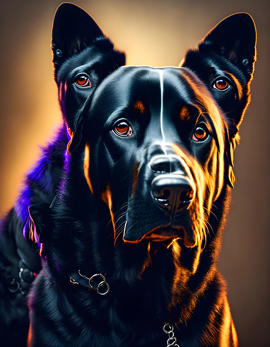 Two Black Dogs Portrait under Dramatic Lighting