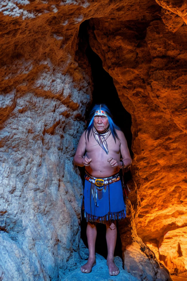 Indigenous person in traditional attire in illuminated cave