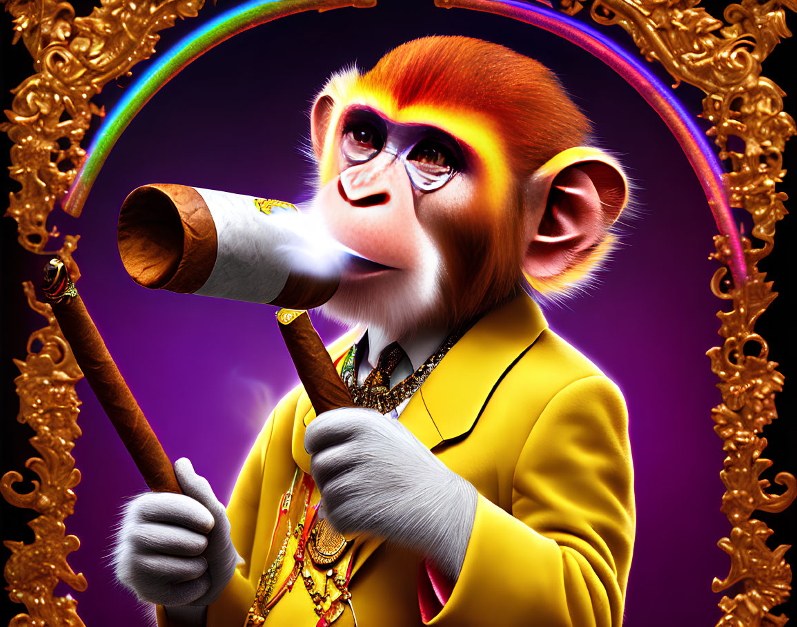 Colorful Monkey in Sunglasses and Yellow Suit with Cigar and Rainbow