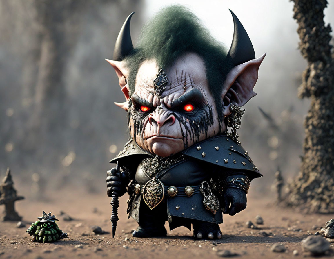 Fantasy creature with horns, red eyes, and spiked armor in barren landscape