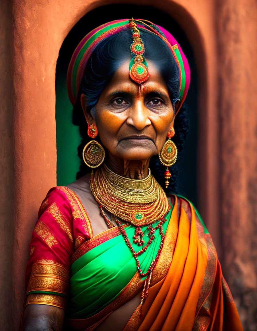 Elderly woman in traditional Indian attire with jewelry on orange backdrop