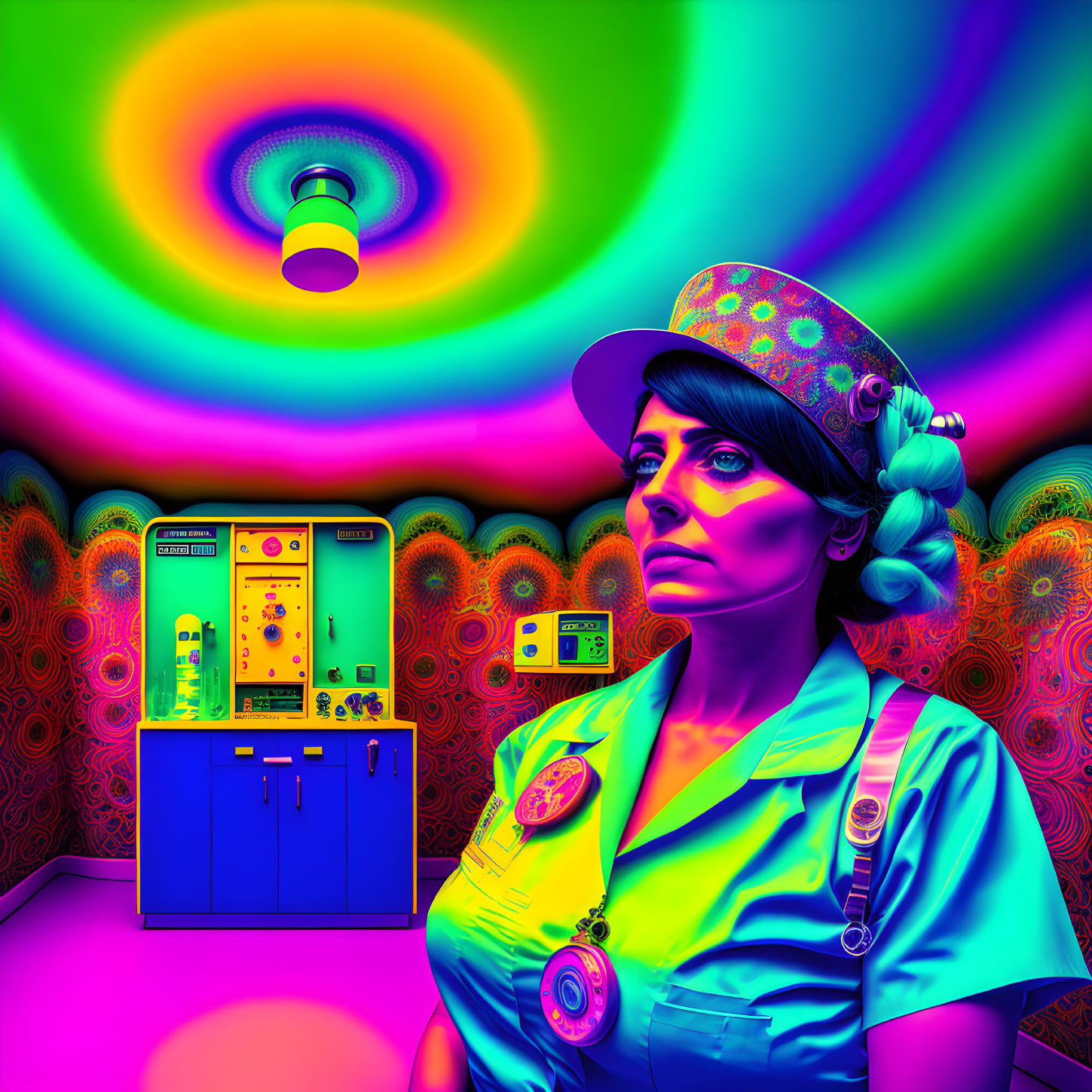 Female in vibrant psychedelic room with colorful patterns, teal uniform, hat, badge, and stethoscope