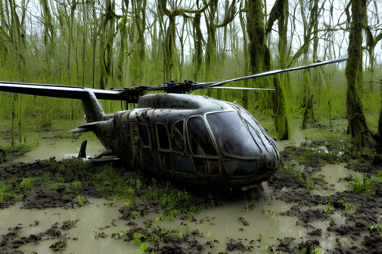 Abandoned dilapidated helicopter in eerie swampy forest