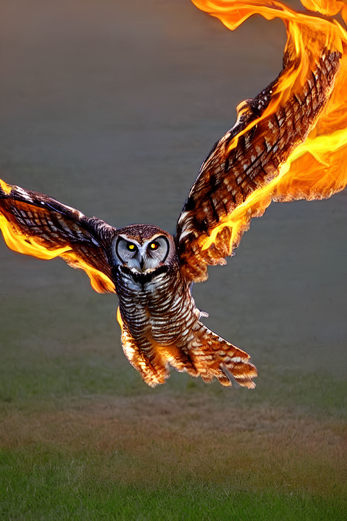 Flaming owl in flight with intense eyes on blurred backdrop