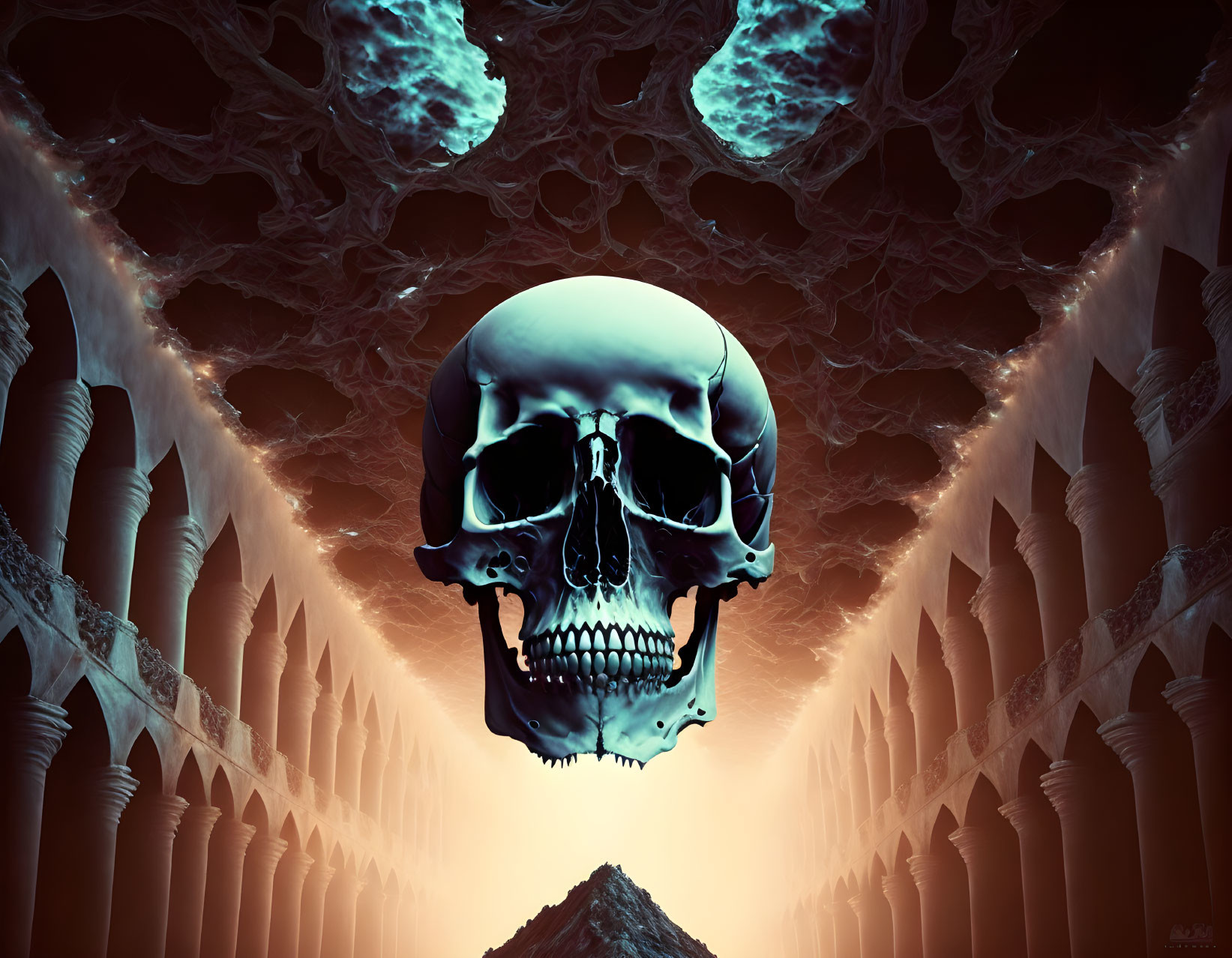 Surreal digital artwork: floating skull, sharp pillars, warm glow