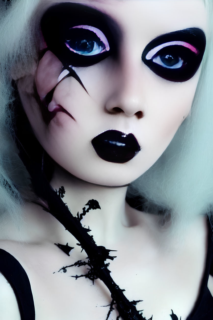 Intense black and white skull makeup with dramatic eyes and pale skin