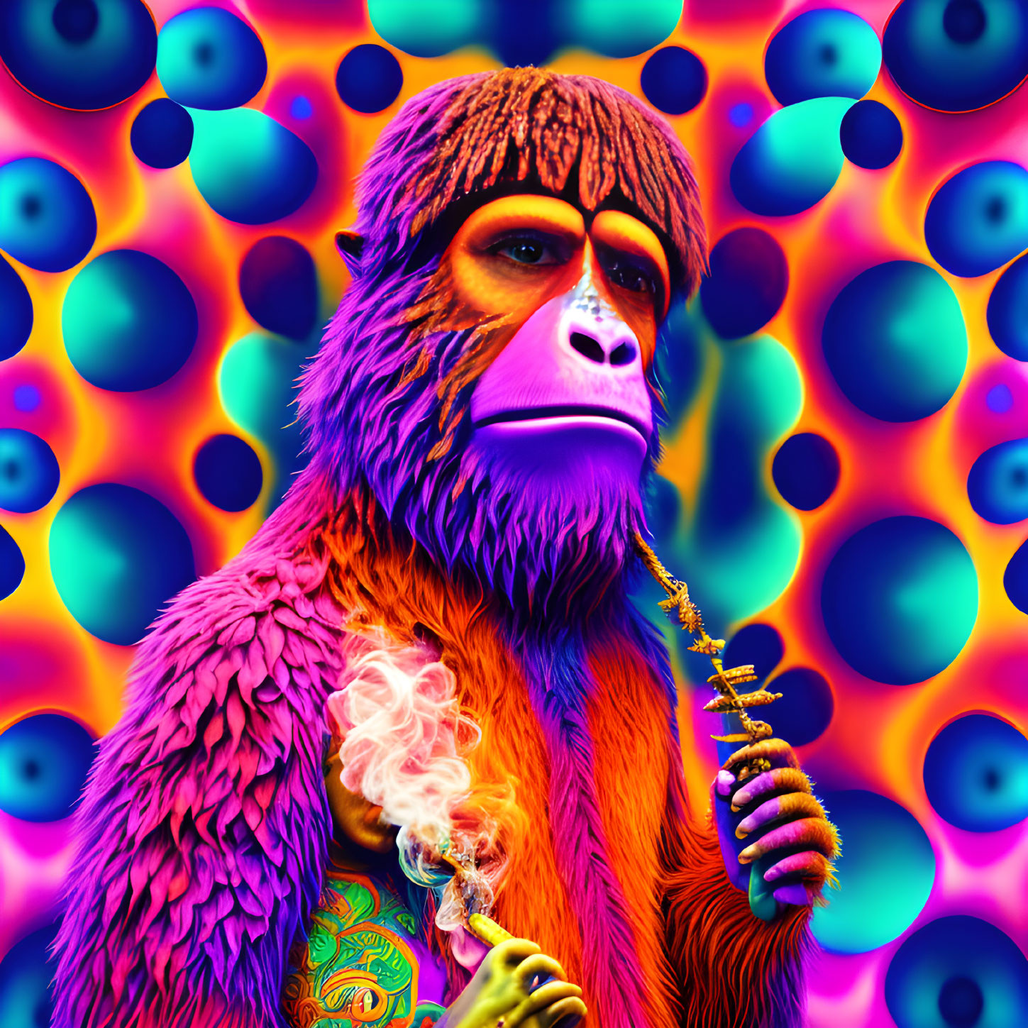 Colorful digital artwork: Orange and purple ape with smoking object on psychedelic background