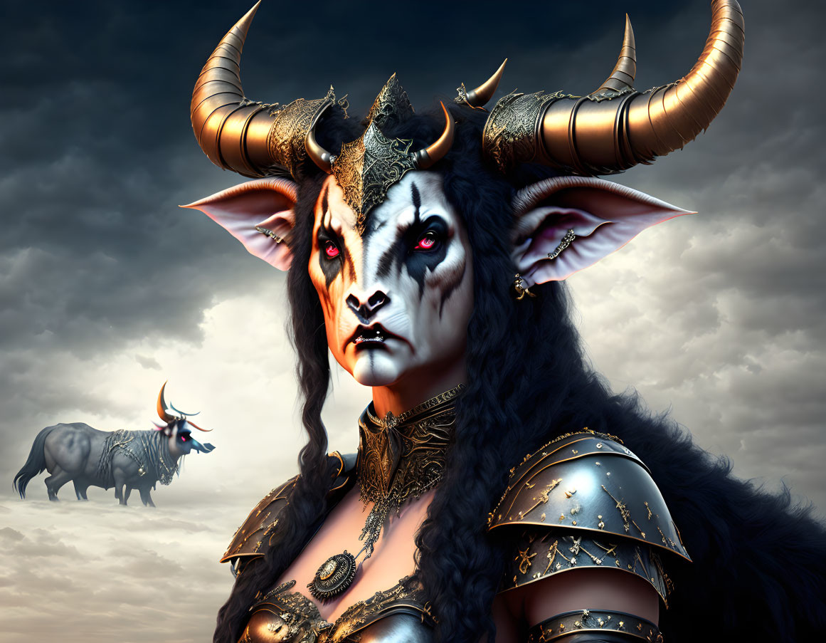 Digital Art: Female Figure with Horns and Armor in Stormy Sky