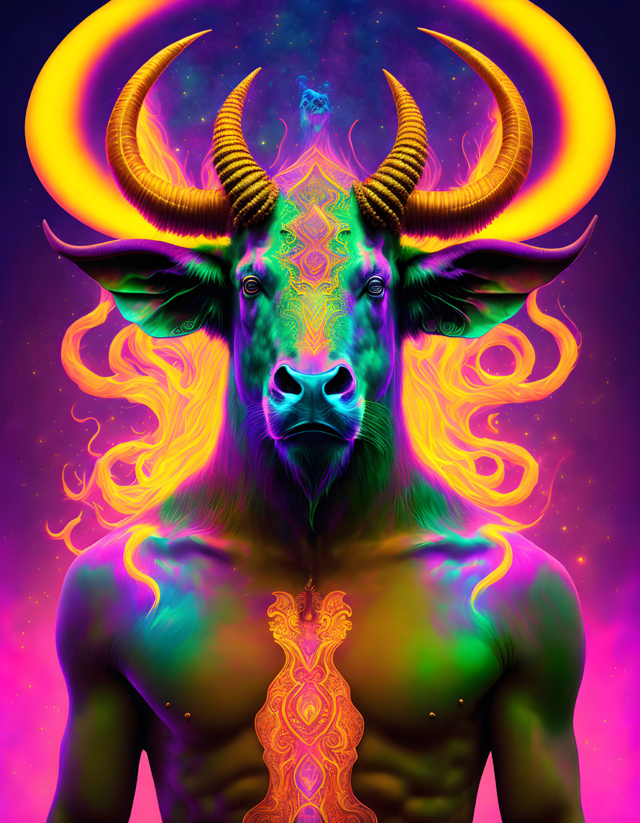 Colorful humanoid figure with bull's head and psychedelic pattern on neon backdrop