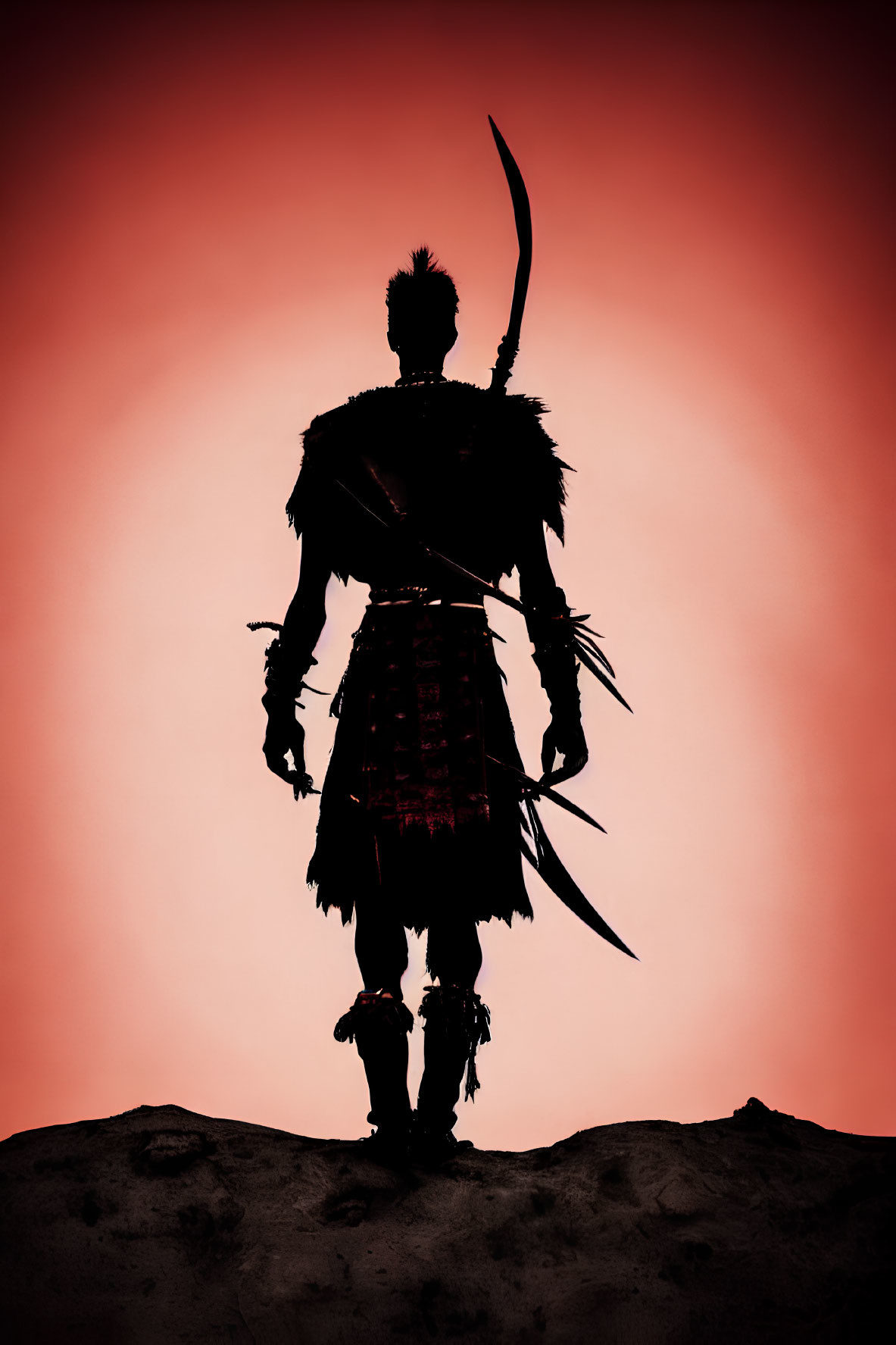 Warrior silhouette with bow and arrow on hill against red background