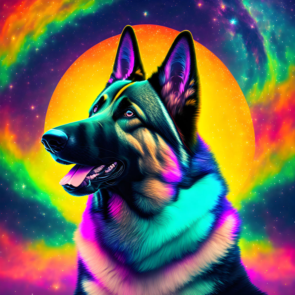 Colorful German Shepherd portrait against cosmic background