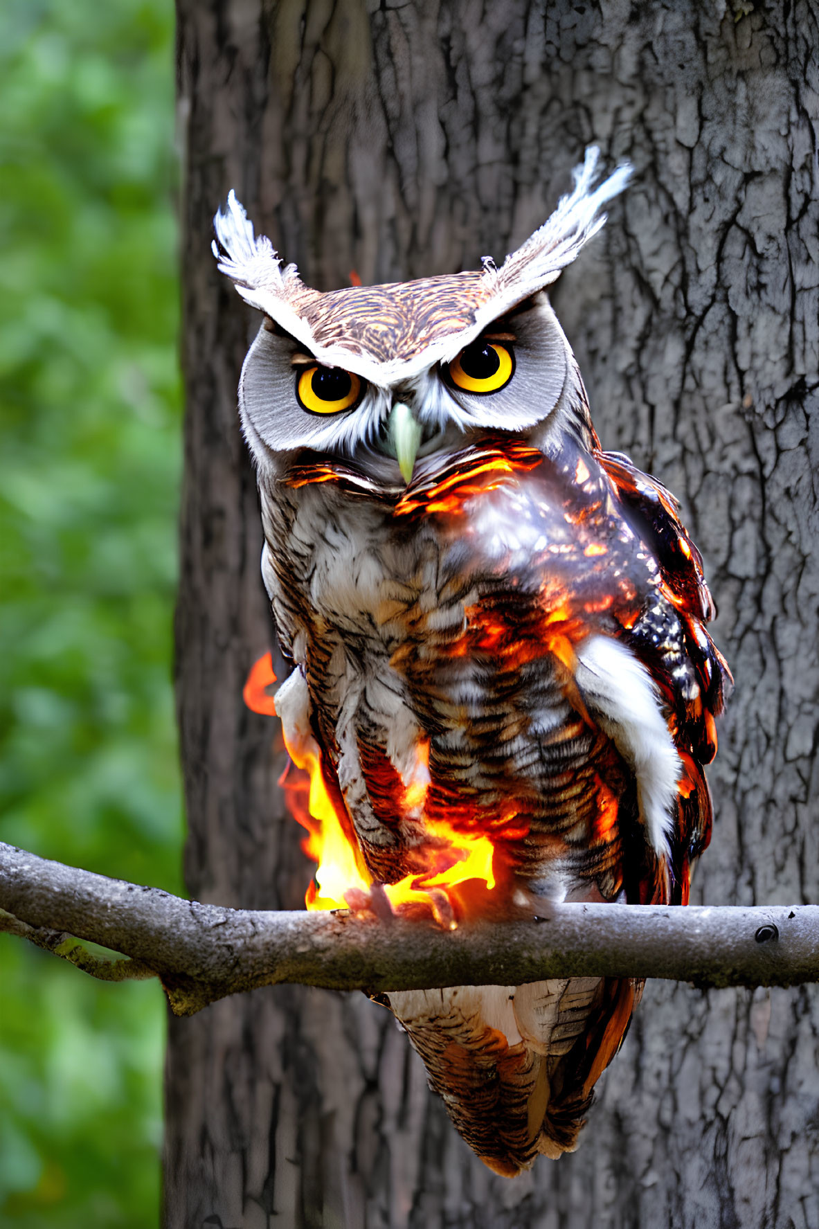 Flame-like feathers owl perched on branch in green background