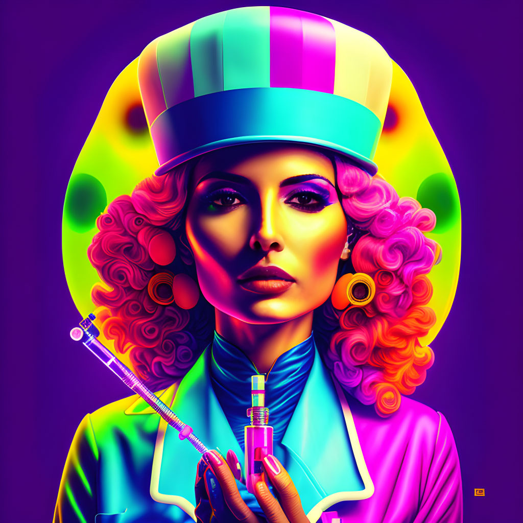 Colorful digital artwork of a woman with curly hair and striped hat holding a syringe