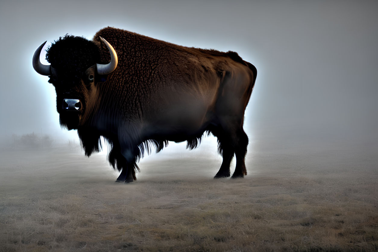 Bison silhouette in foggy field evokes mystical aura