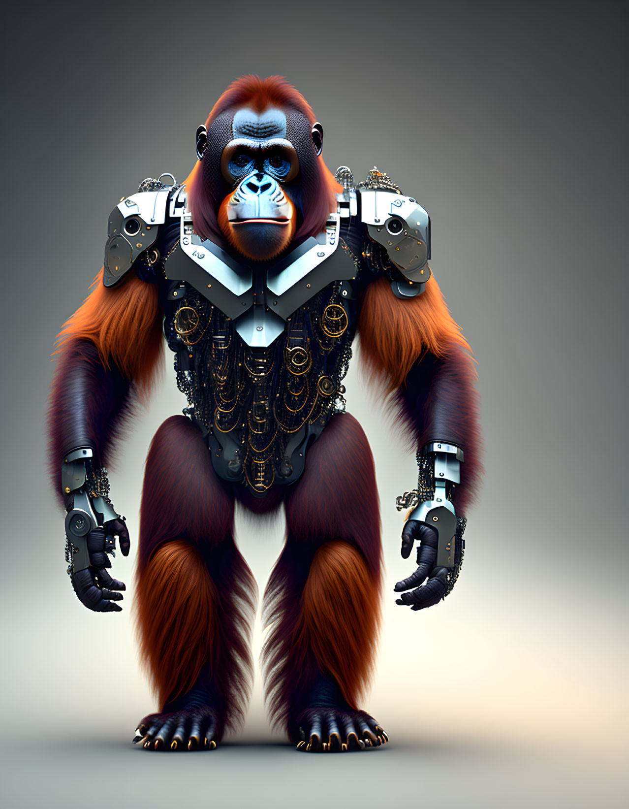 Cybernetic gorilla digital artwork with mechanical limbs