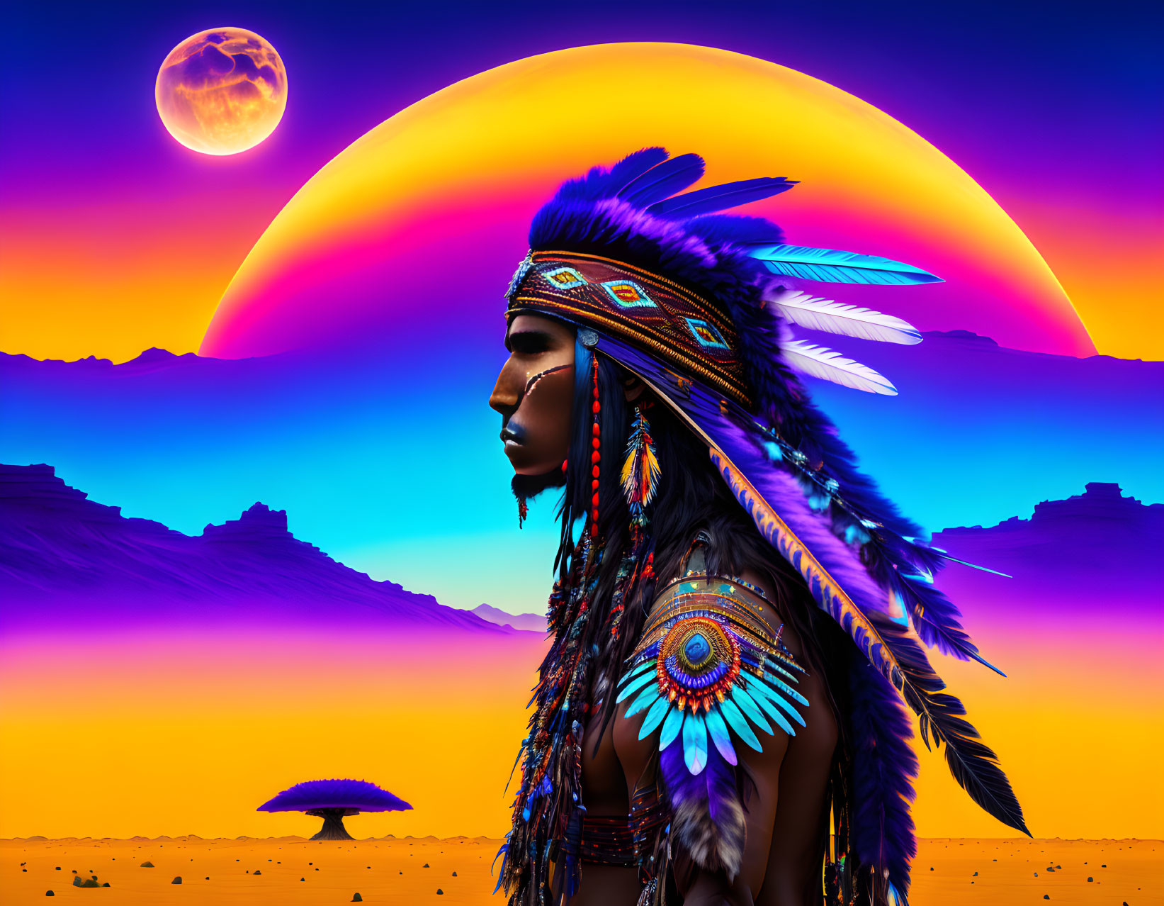 Colorful Native American headdress in desert sunset scene