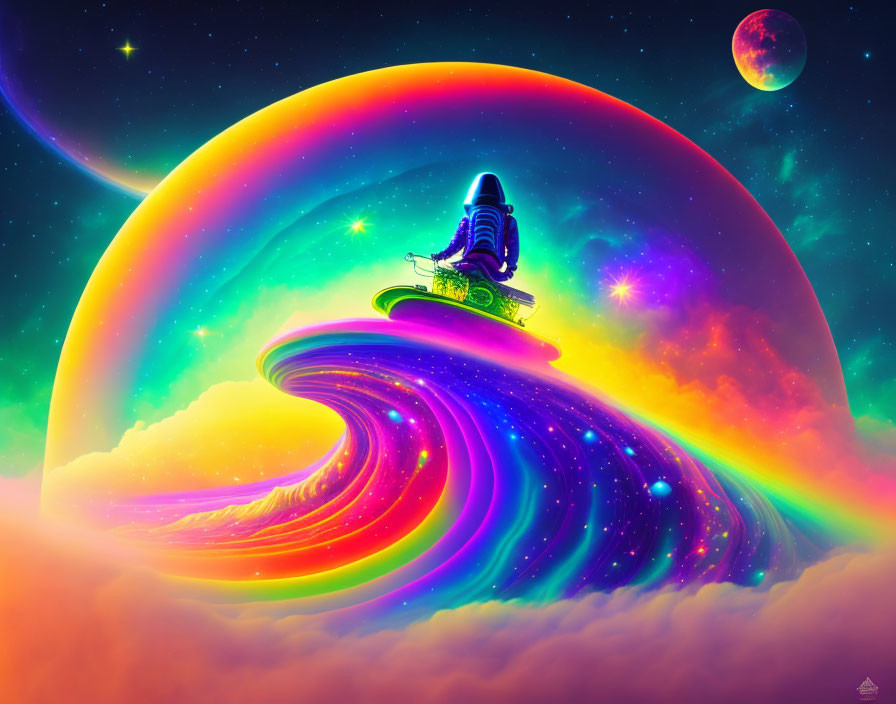 Colorful digital artwork: spaceship surfing on cosmic wave, rainbow planet backdrop