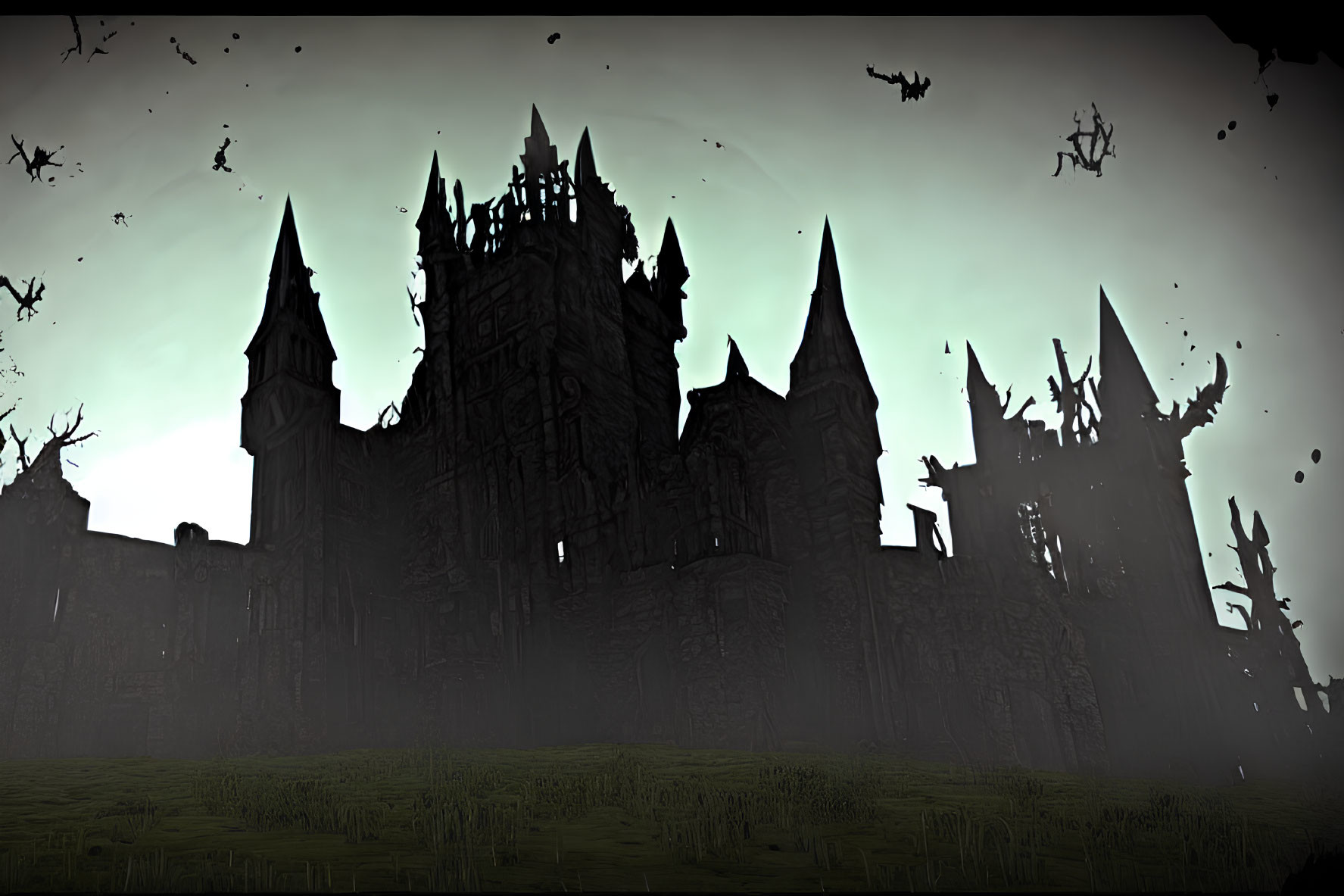 Gothic castle silhouette under gloomy sky with flying creatures