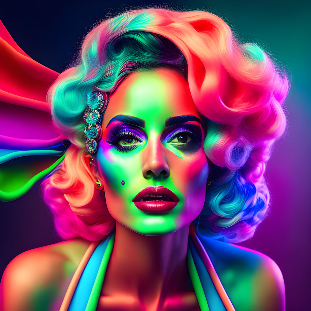 Colorful portrait of a woman with neon makeup and hair in greens, pinks, and blues.