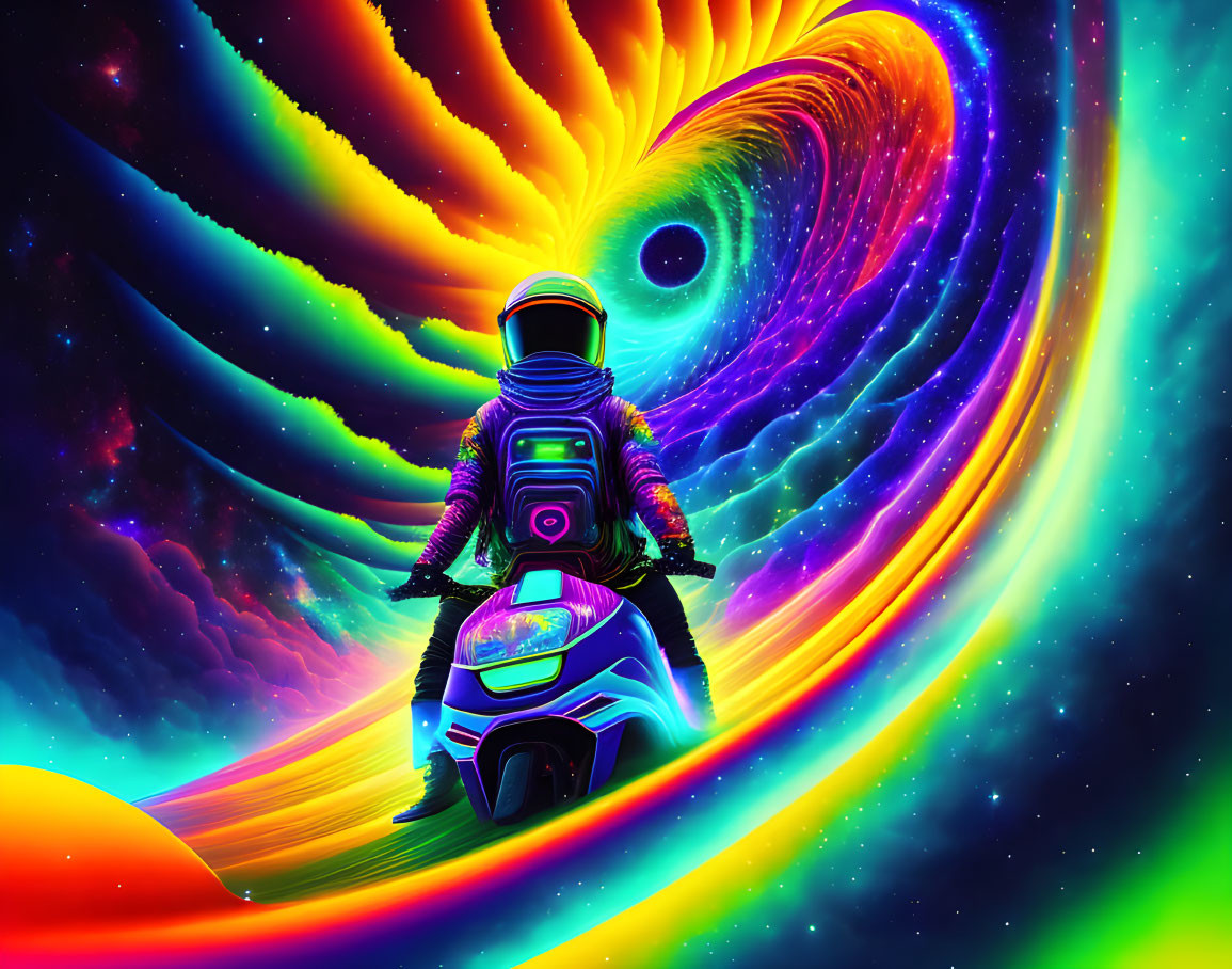 Futuristic astronaut on motorcycle near cosmic vortex with vivid colors