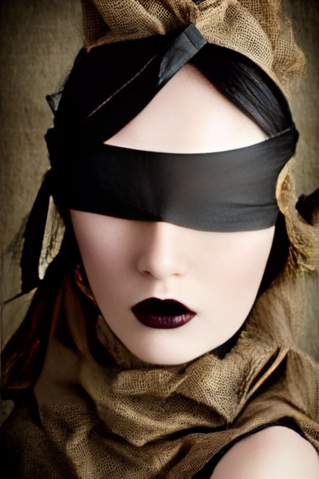 Blindfolded person with dark lipstick and ruffled collar on muted background