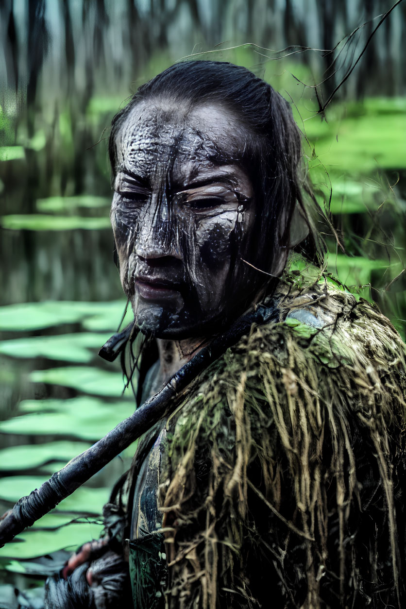 Person with tribal face paint and camouflage in swampy greenery