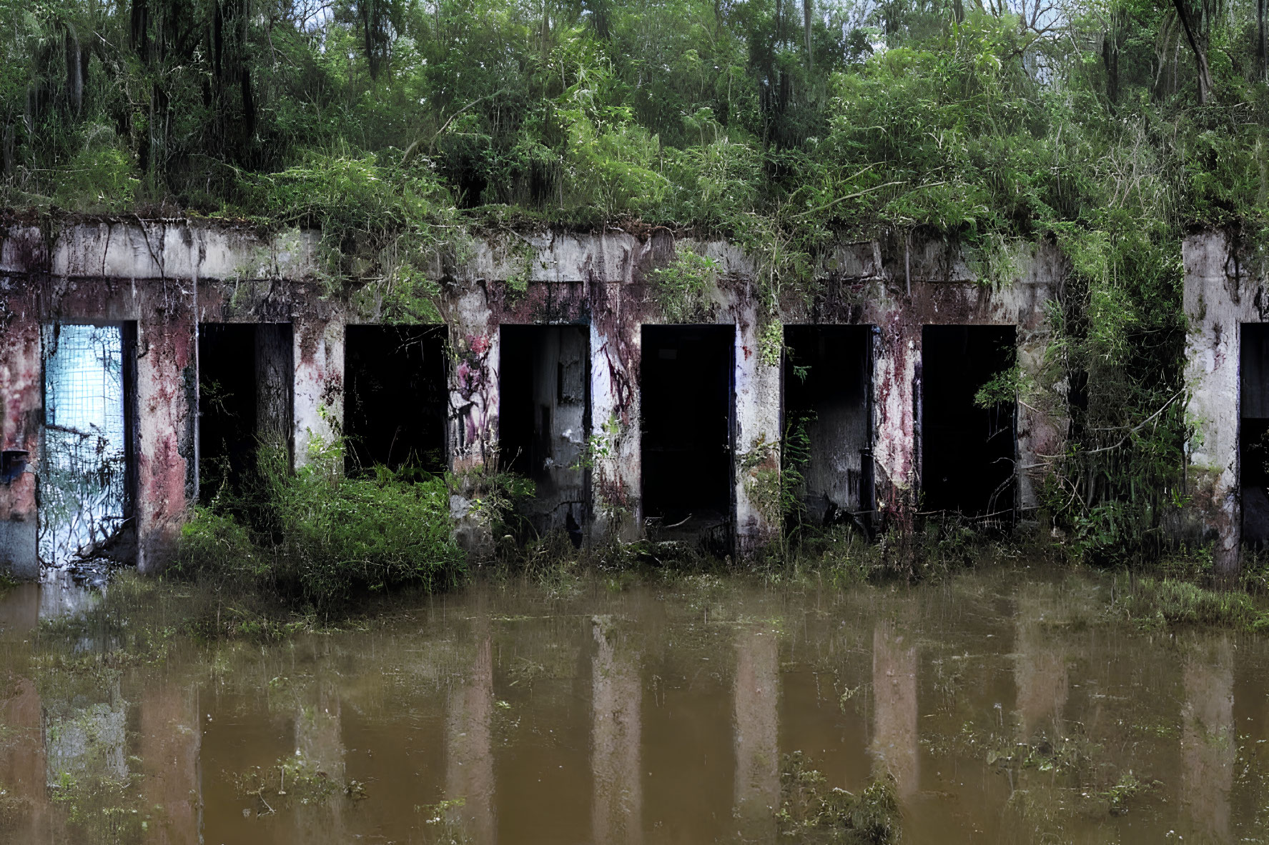 Overgrown abandoned building with open doorways reflected in waterlogged foreground