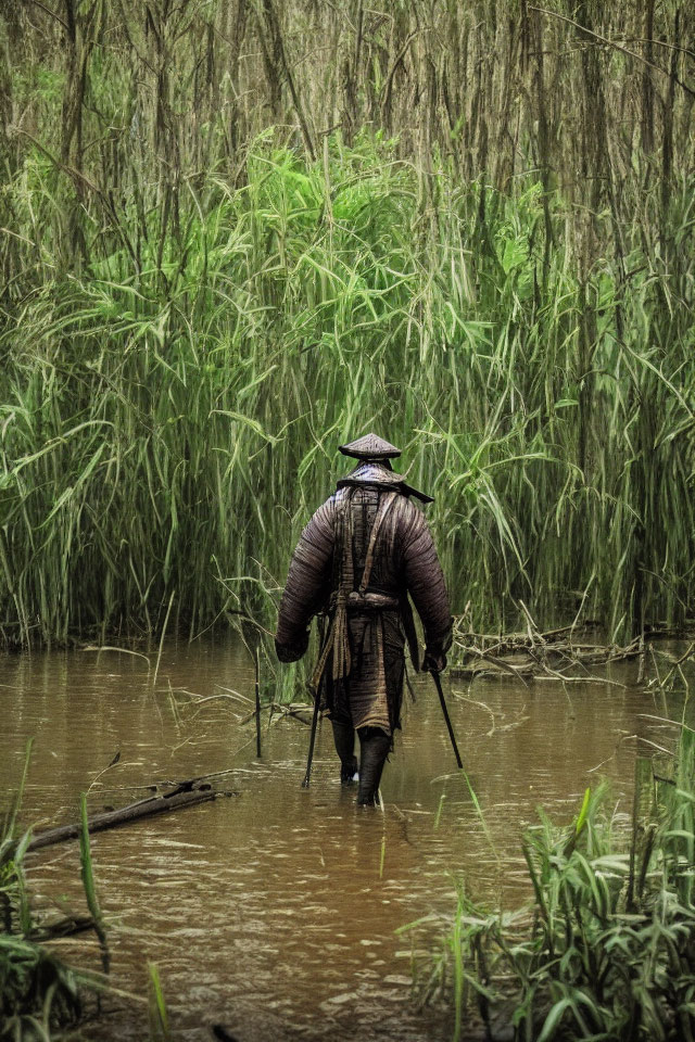 Person in traditional attire wading through muddy waterway with sticks.