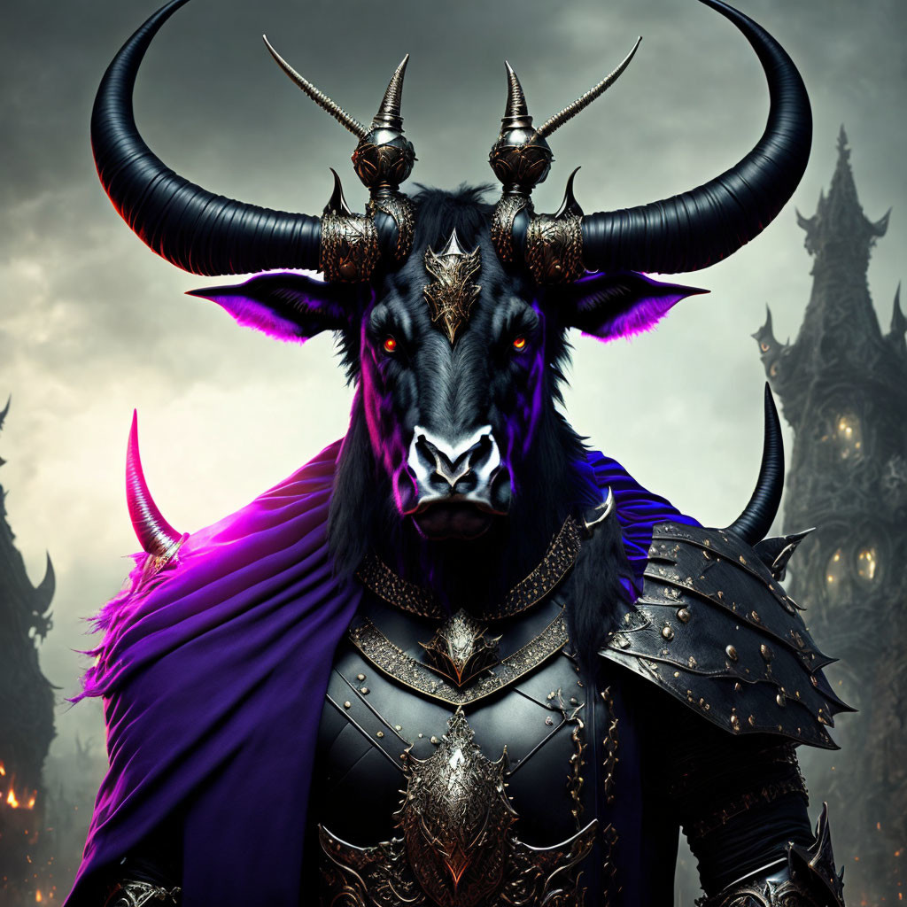 Anthropomorphic bull in dark armor with purple cloak in front of fiery castle