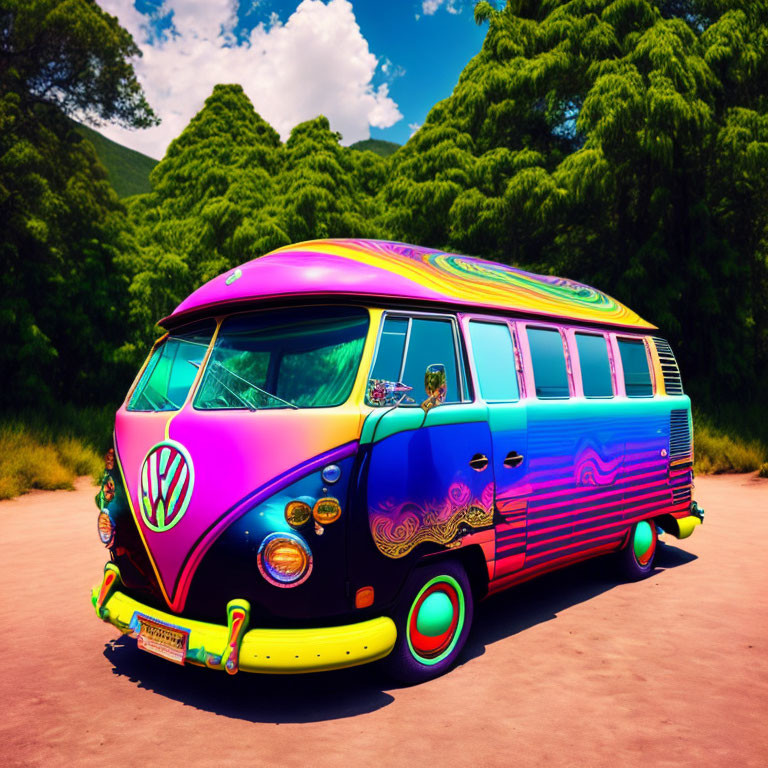 Colorful Psychedelic Patterned Volkswagen Bus Parked Under Blue Sky