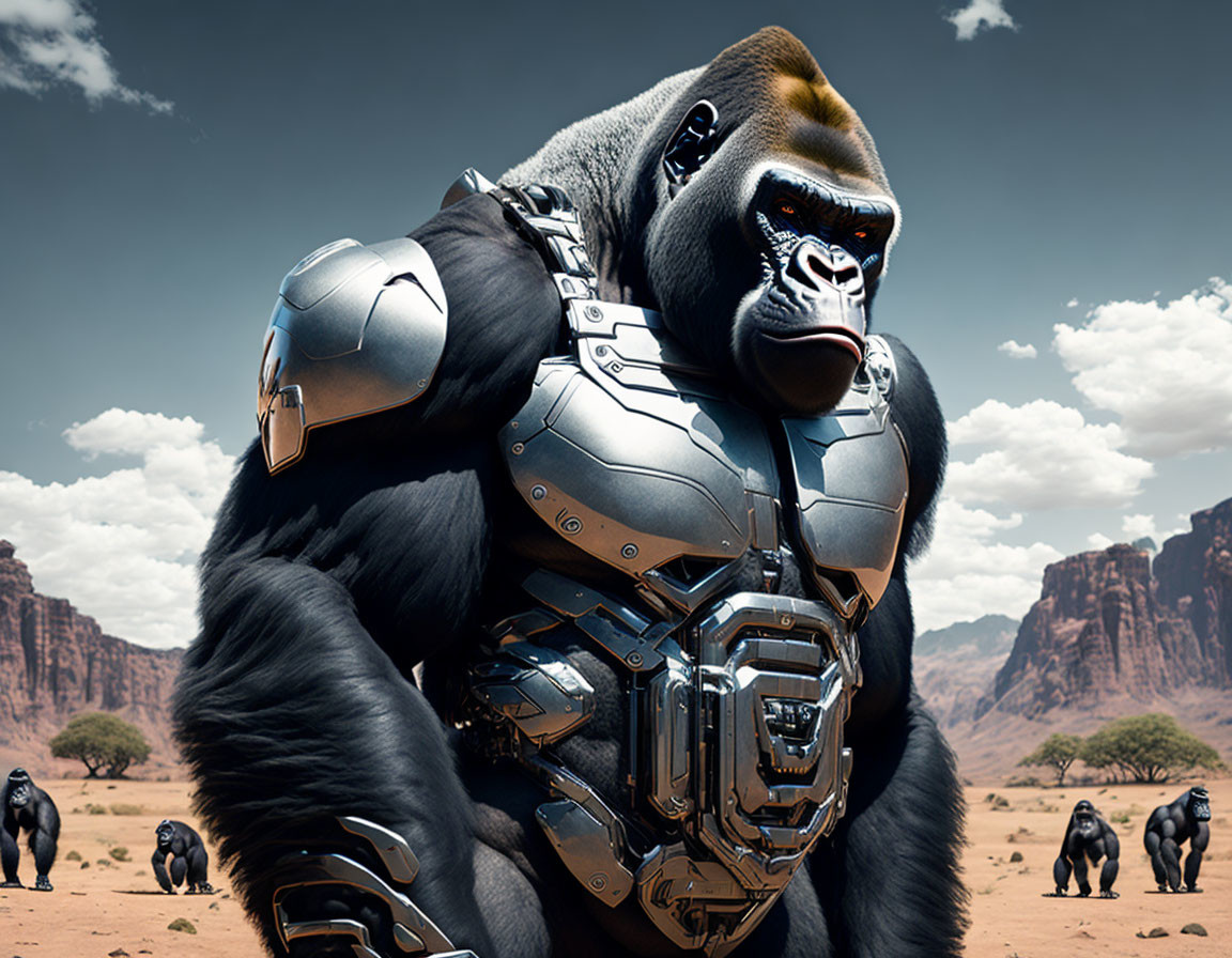 Muscular gorilla in futuristic armor in desert with plateaus and other gorillas.