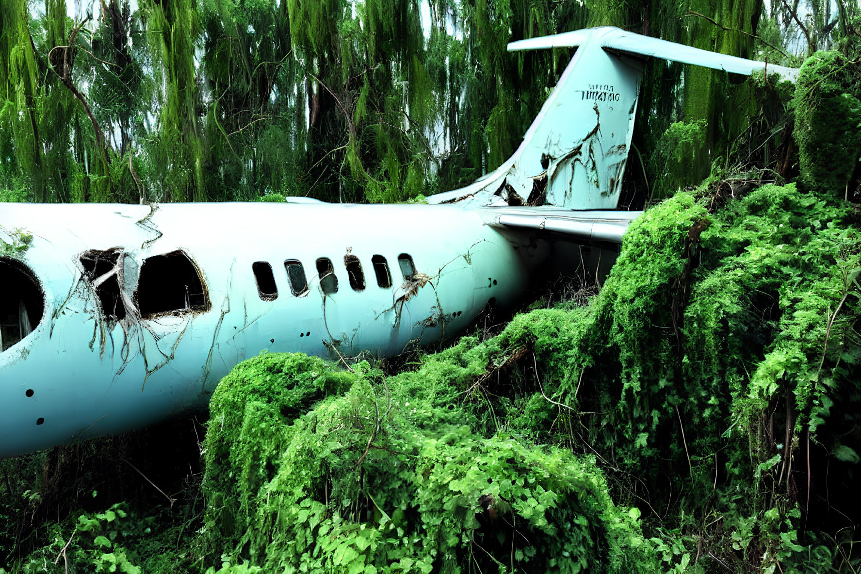 Decaying abandoned airplane engulfed by lush green plants