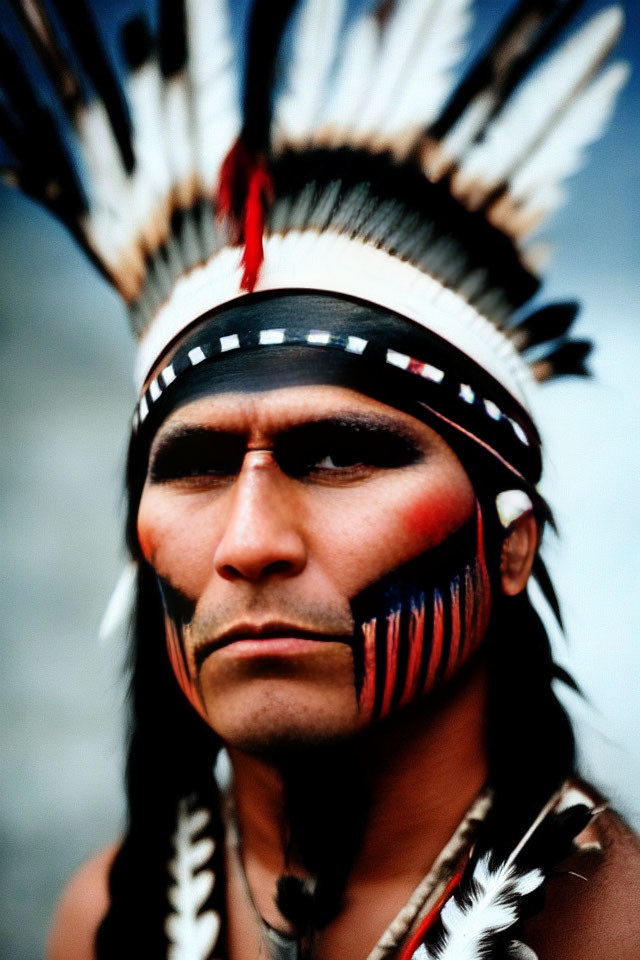 Traditional Native American man in headdress and face paint staring intensely.