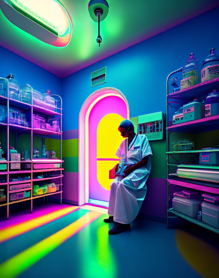 Scientist in lab coat in colorful neon-lit laboratory