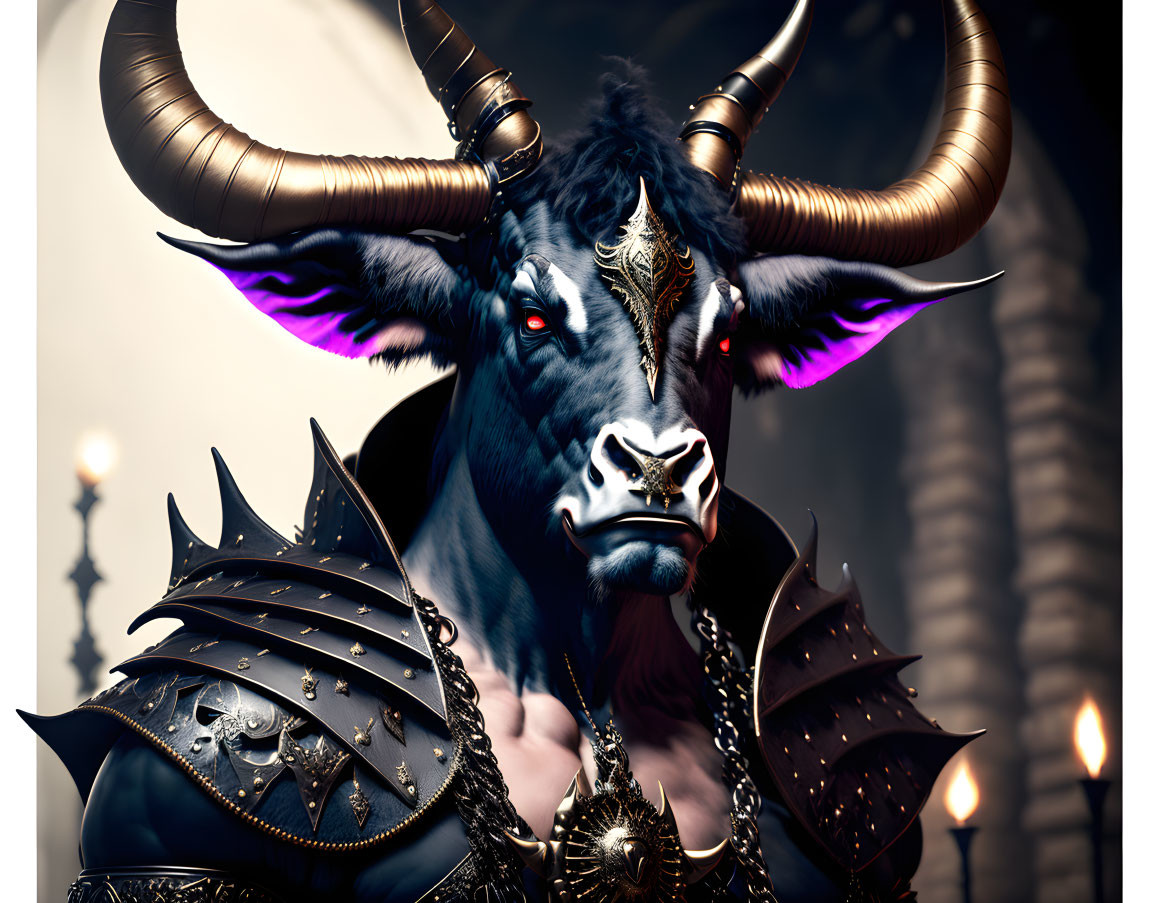 Fantastical bull with elaborate armor and chains on dark background