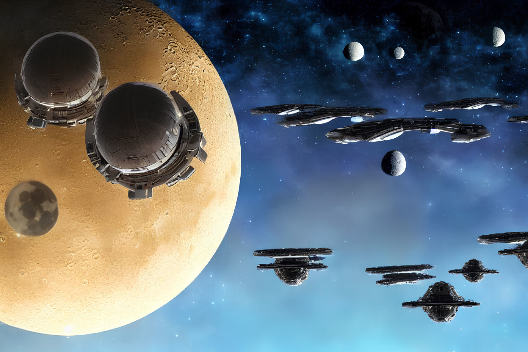 Spaceships near desert planet & moons in starry sky sci-fi scene