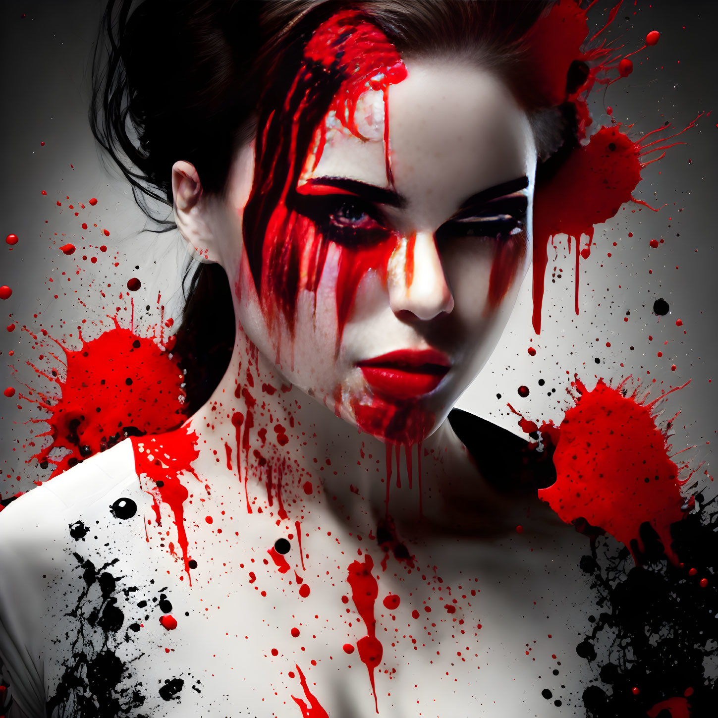 Woman with dramatic red paint splatter on face and body