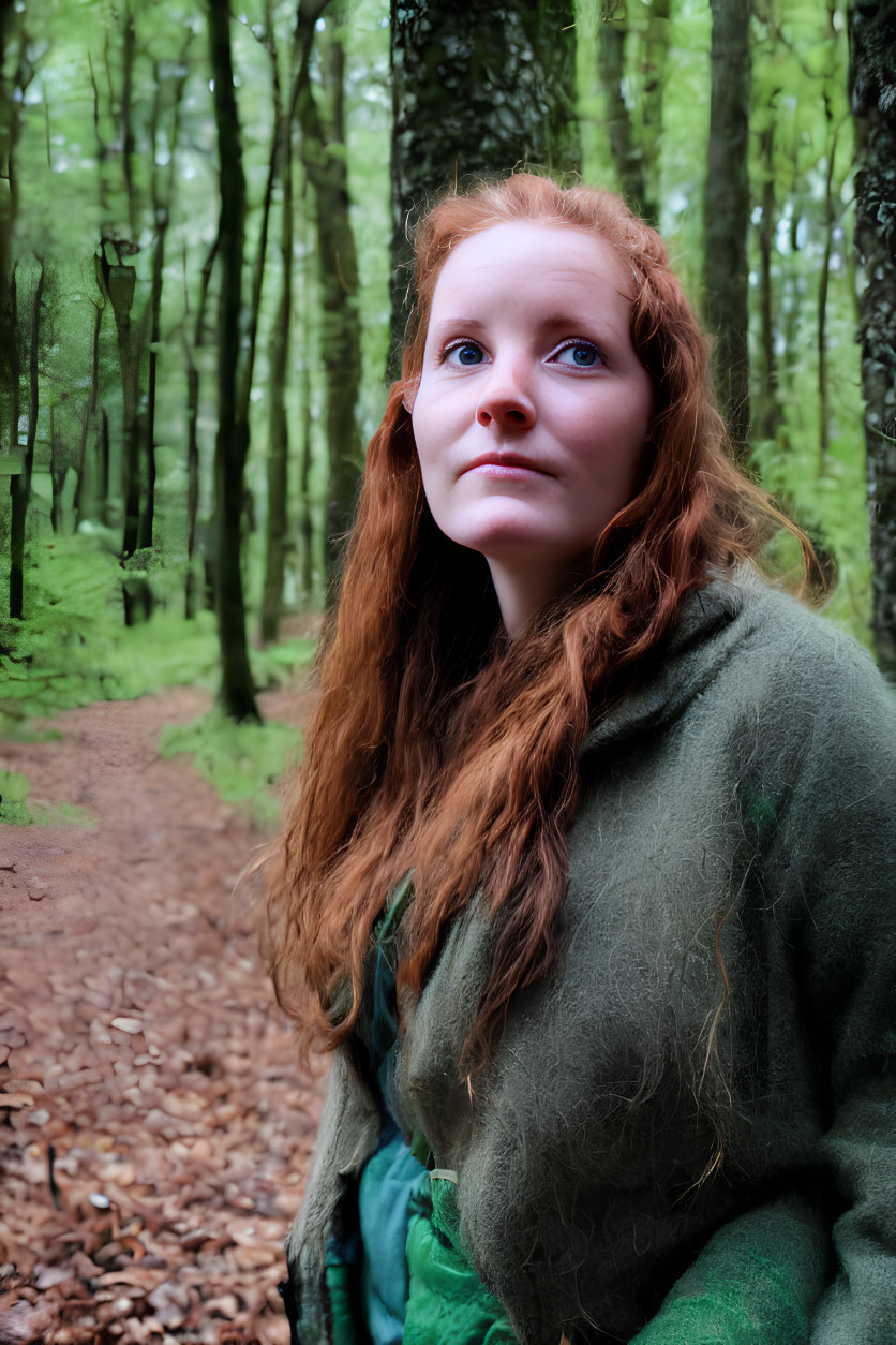 Red-haired woman in green cloak contemplates in misty forest