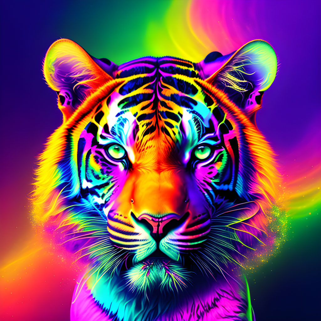 Colorful Tiger Face Artwork with Neon Rainbow Hues